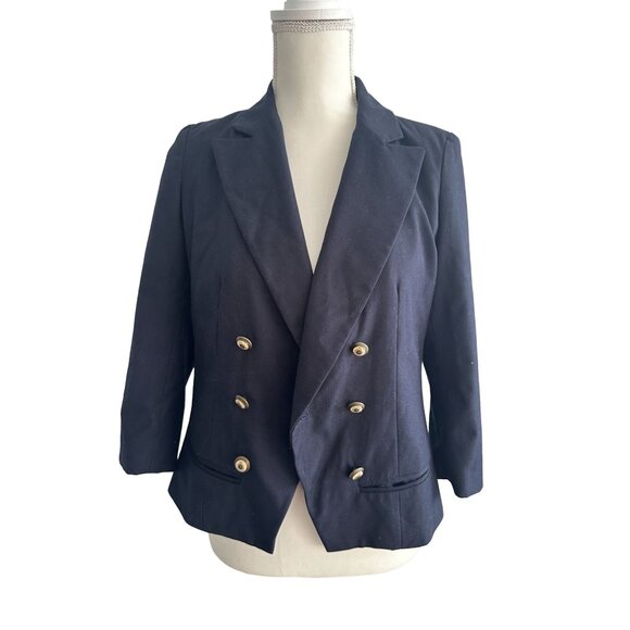 ANTHROPOLOGIE Navy Blue Gold Button Blazer Jacket Size 4 - Picture 5 of 10